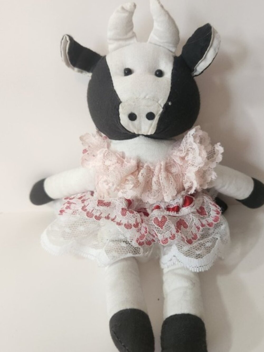 Vintage Handmade Primitive Cow Plush Doll with Lace Heart Tutu Farmhouse FolkArt